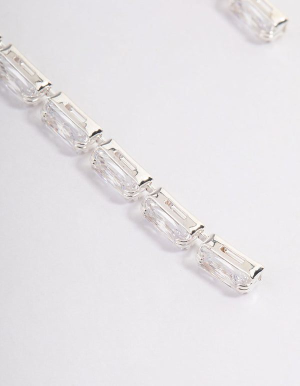Silver Cubic Zirconia Rectangle Straight Drop Earrings