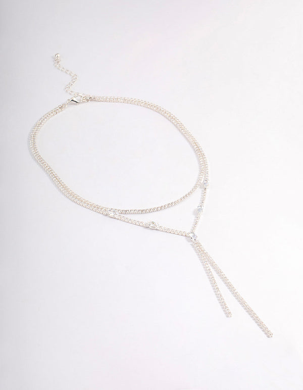 Silver Cubic Zirconia Double Row Spilt Y-Necklace