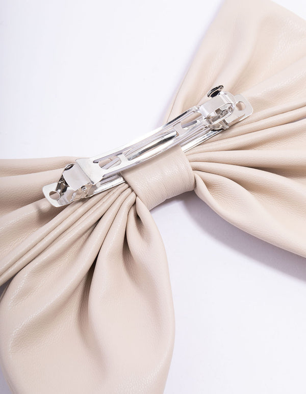 Faux Leather Netural Fabric Bow Clip