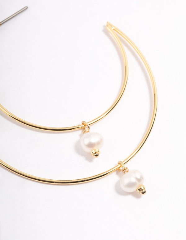 Gold Plated Double Layer Freshwater Pearl Drop Hoop Earrings