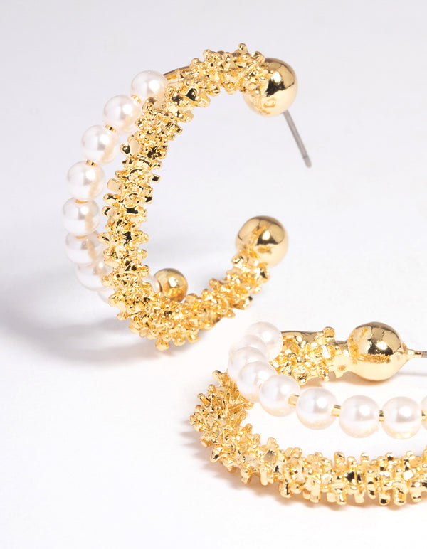 Gold Plated Double Layer Molten Freshwater Pearl Hoop Earrings