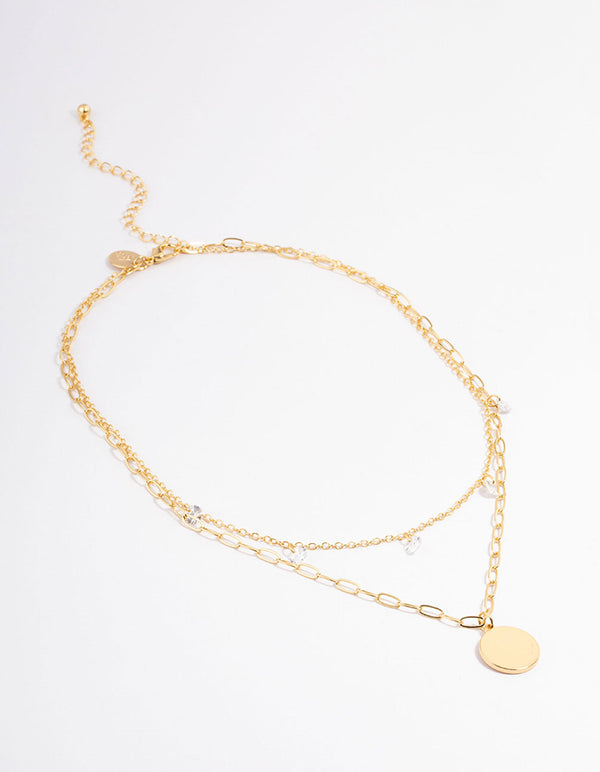 Gold Plated Disc Drop Chain Cubic Zirconia Double Layer Necklace