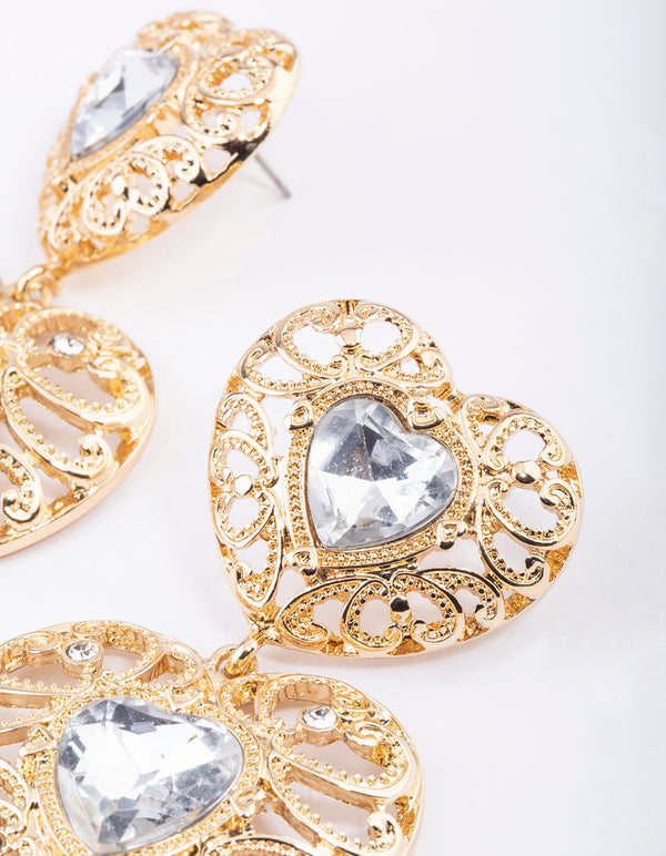 Gold Crystal Textured Heart Earrings