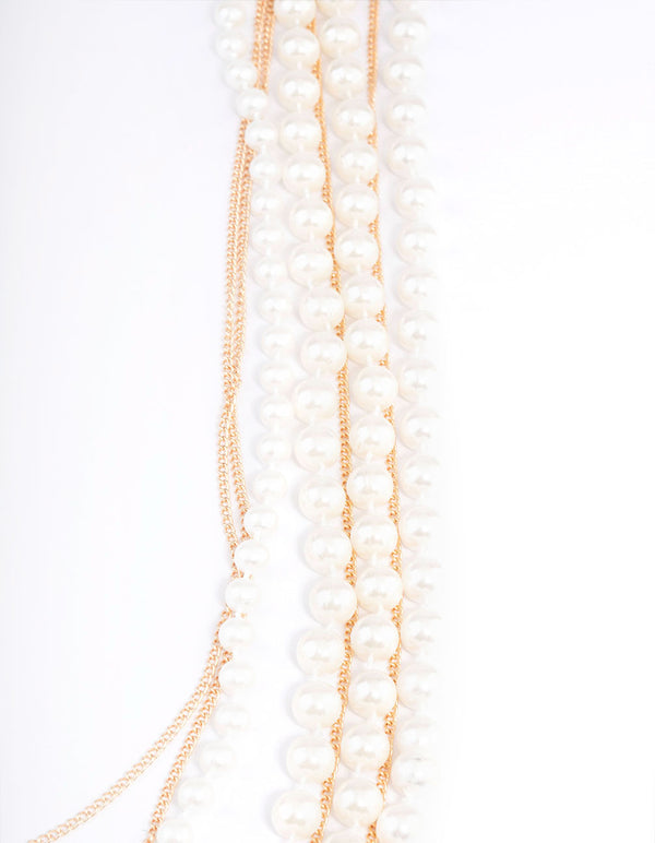 Gold Pearl Long Layered Necklace