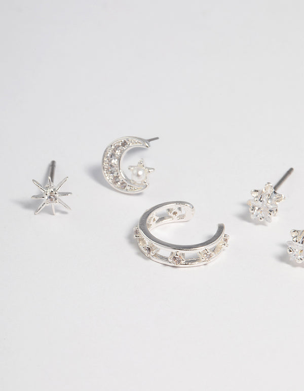 Silver Plated Cubic Zirconia Celestial Stud Earrings 6-Pack