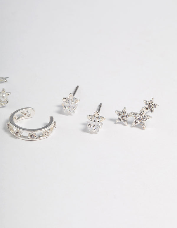 Silver Plated Cubic Zirconia Celestial Stud Earrings 6-Pack