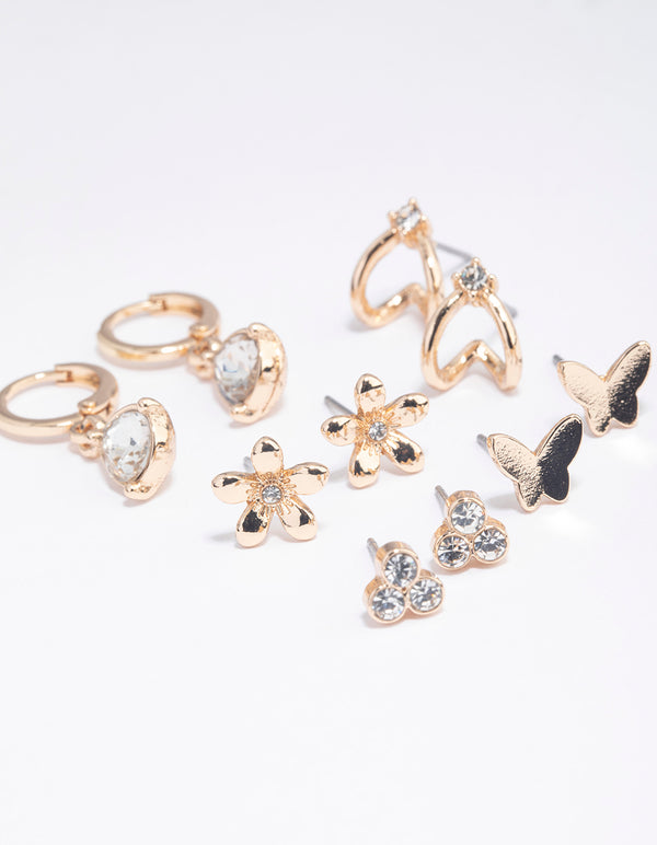 Gold Diamante Flower Butterfly Earrings 5-Pack