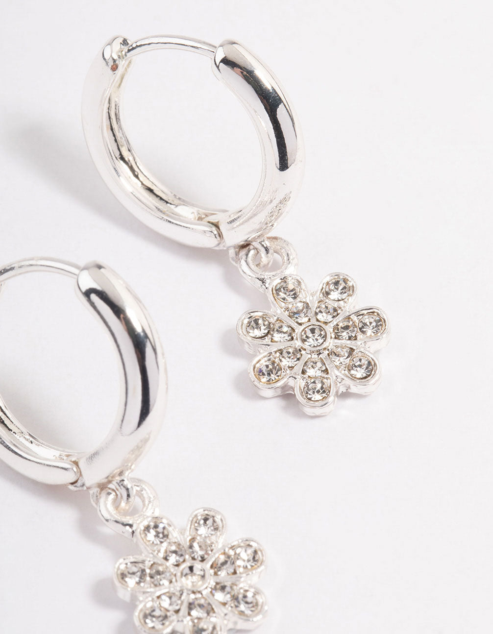 Silver Flower Diamante Drop Huggie Earrings