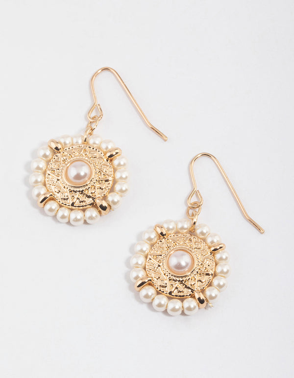 Gold Stamp Halo Pearl Drop Earrings