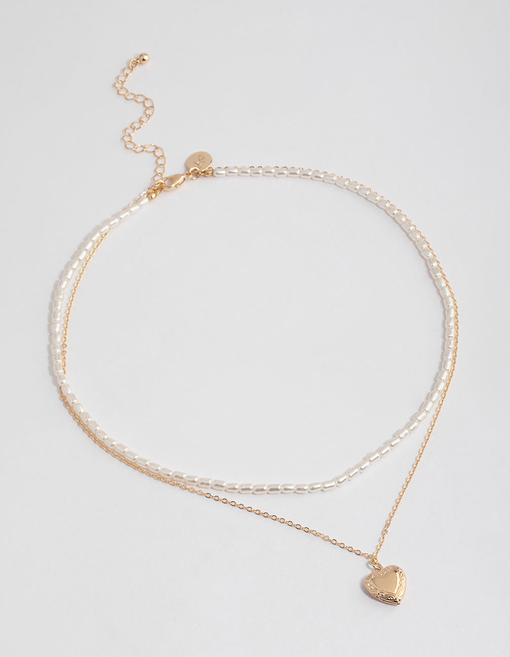 Gold Double Row Pearl Chain & Heart Locket Necklace
