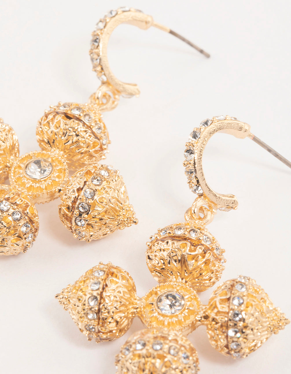 Gold Diamante Fancy Cross Drop Earrings