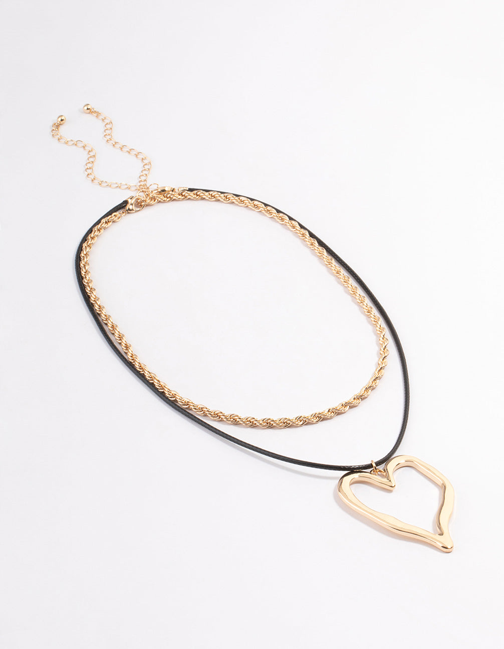 Gold Hammered Heart Rope Chain Cord Layered Necklace