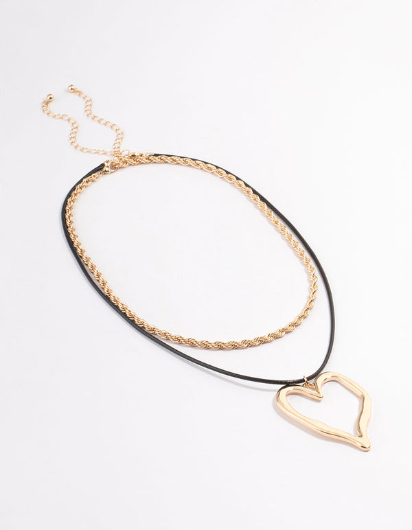 Gold Hammered Heart Rope Chain Cord Layered Necklace