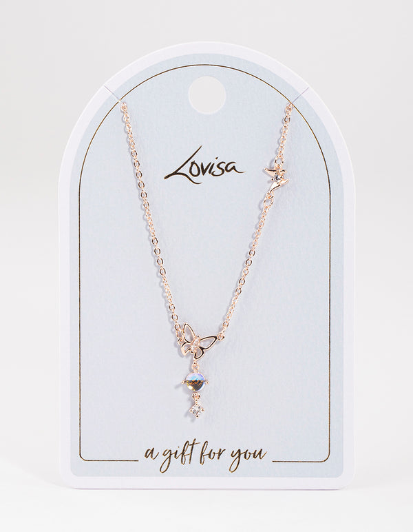 Rose Gold Dainty Butterfly & Diamante Necklace