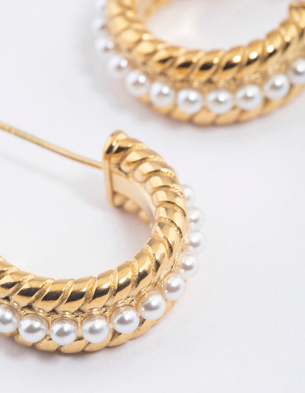 Gold Plated Stainless Steel Small Pearl Detailed Hoop Earrings