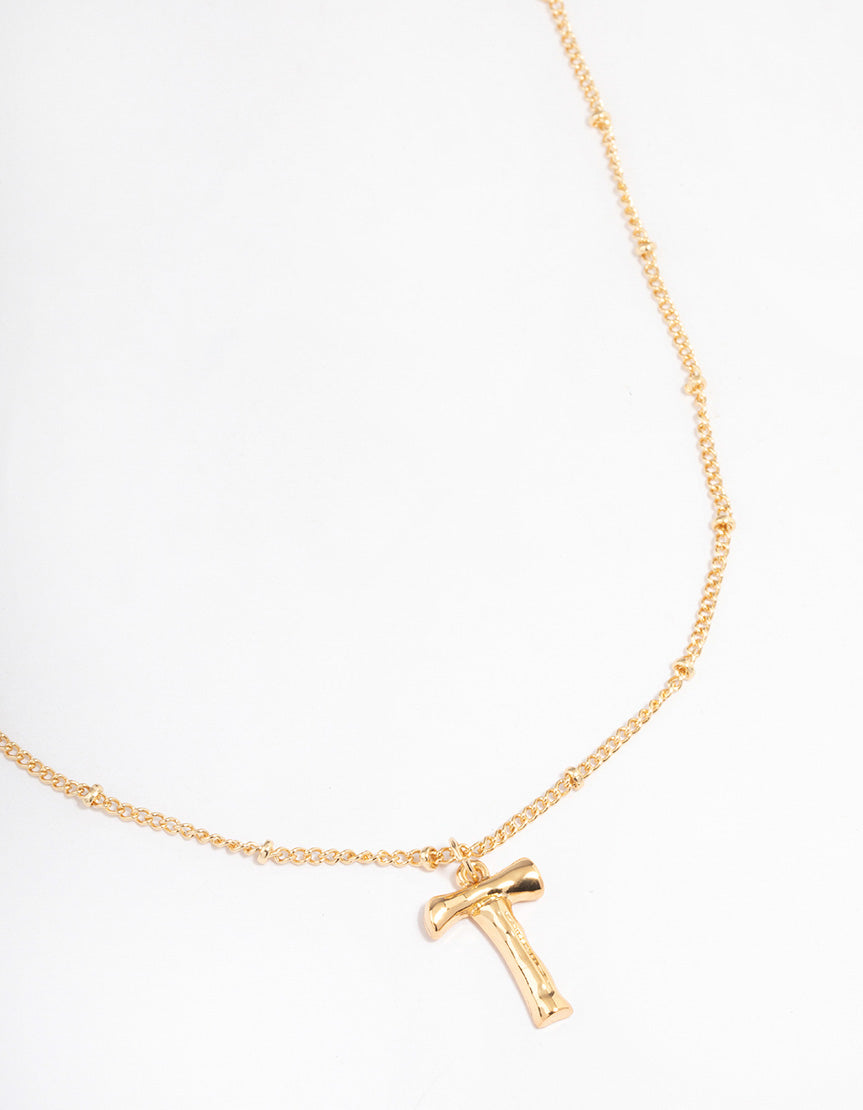 Gold Plated Letter T Bamboo Necklace