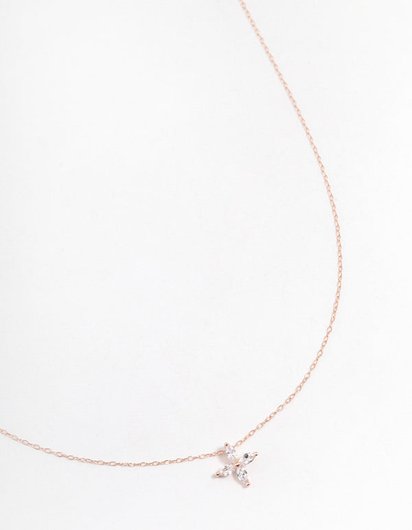 Rose Gold Plated Sterling Silver Marquise Flower Cubic Zirconia Necklace