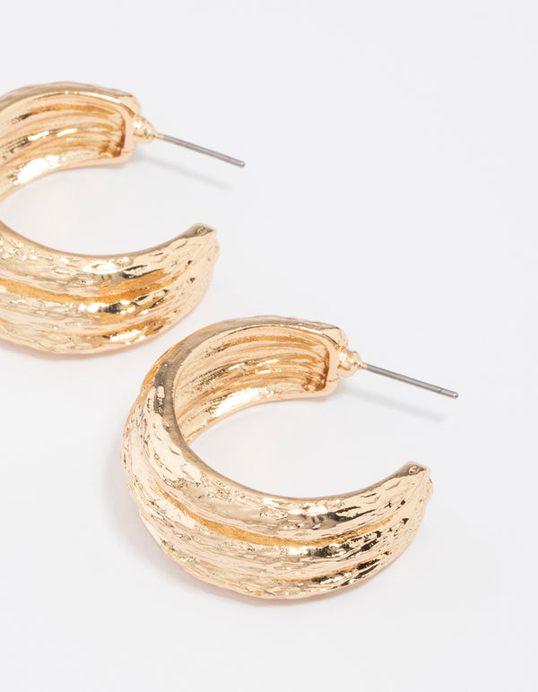 Gold Triple Row Textured Hoop Earrings