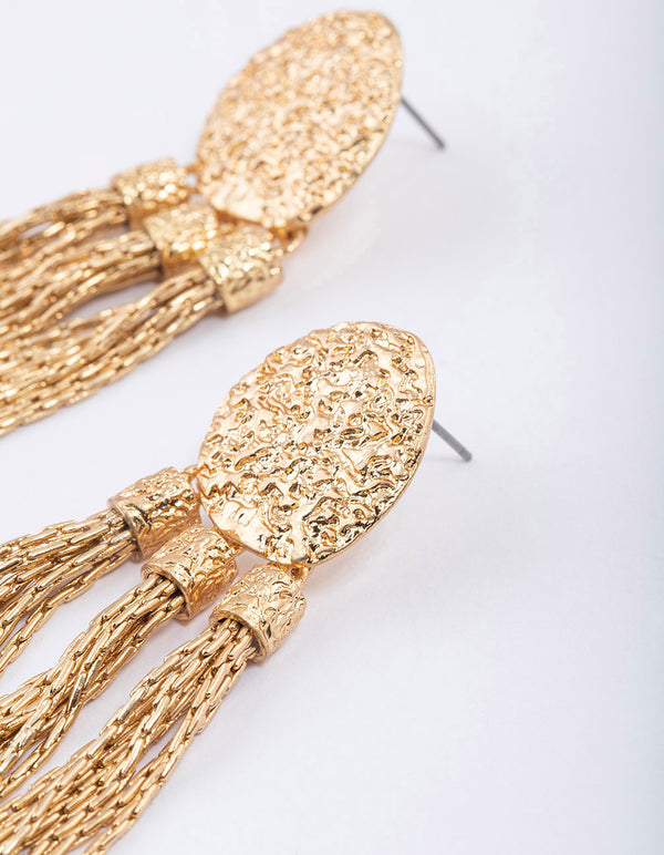 Gold Textured Tassel Drop Earrings
