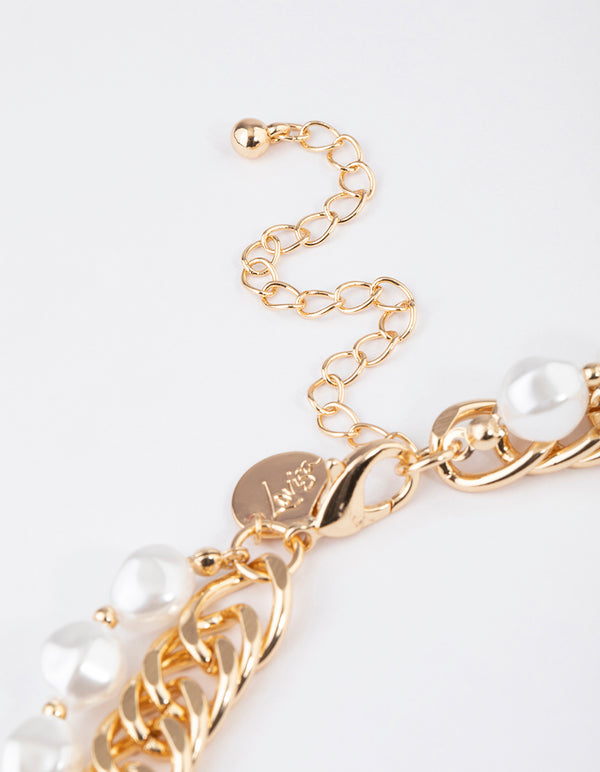 Gold Chain Pearl Double Row Necklace