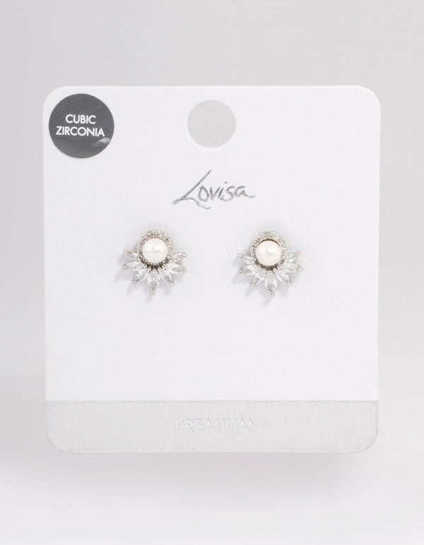 Silver Plated Cubic Zirconia Fan Pearl Stud Earrings