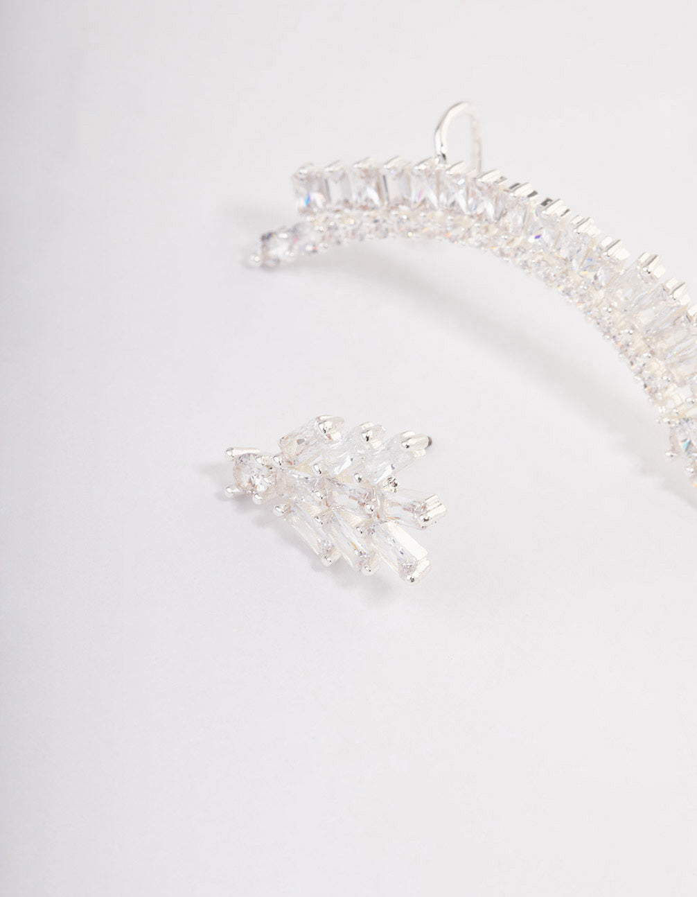 Silver Plated Cubic Zirconia Baguette Cuff Stud Earrings