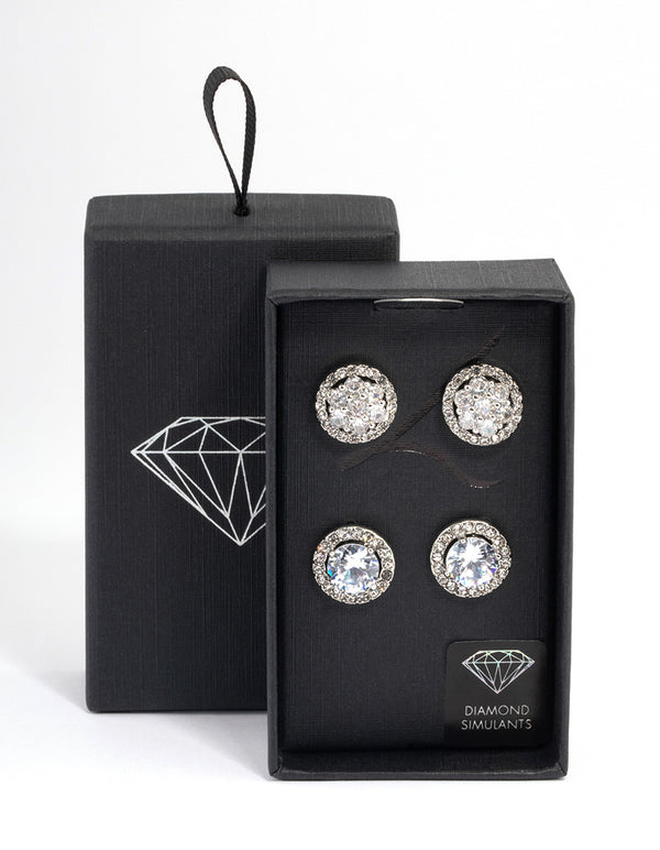 Silver Round & Flower Halo Earrings Pack