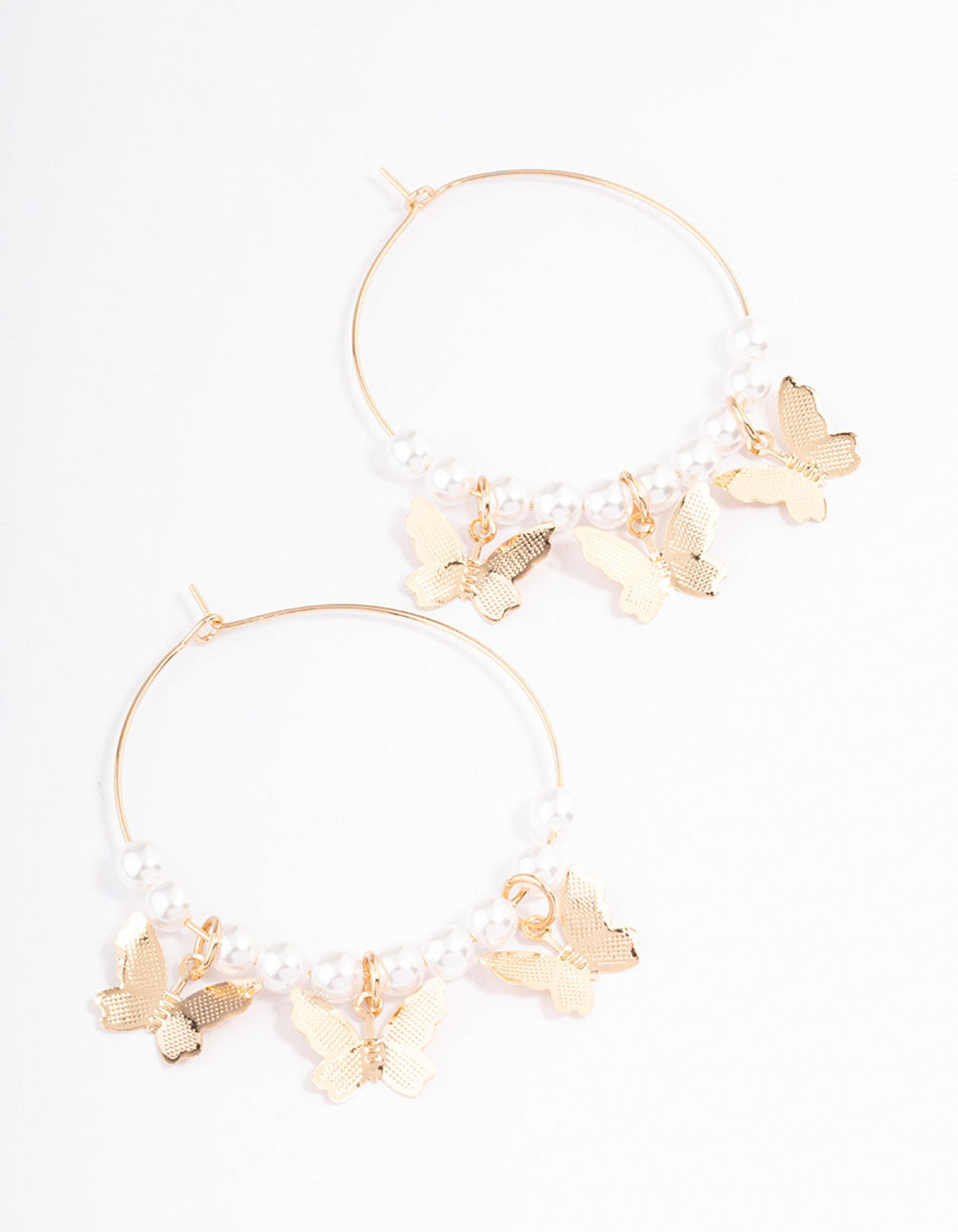 Gold Pearl & Butterfly Wire Hoop Earrings