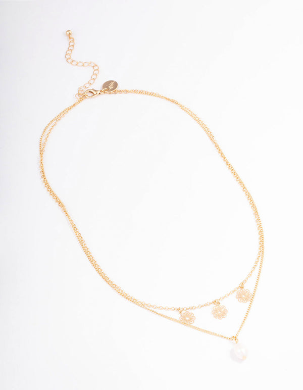 Gold Filo Flower & Pearl Layered Necklace