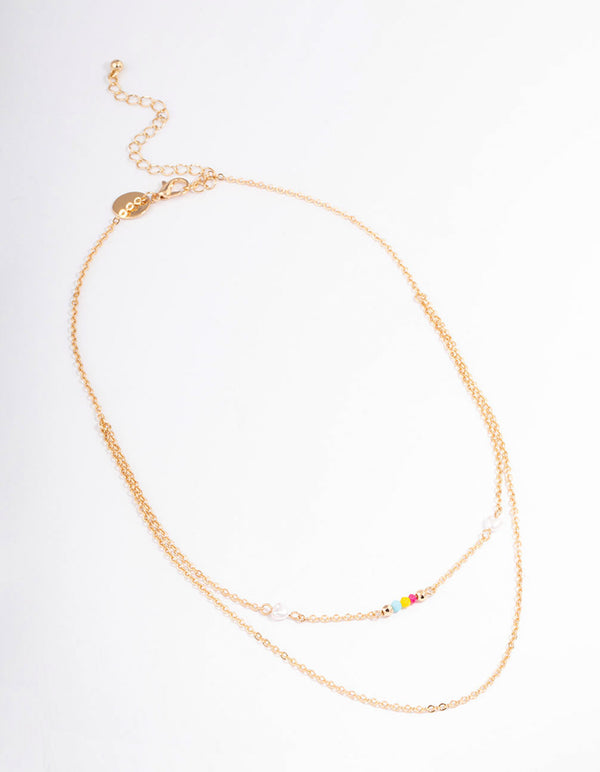 Gold Mixed Beaded & Pearl Station Necklace