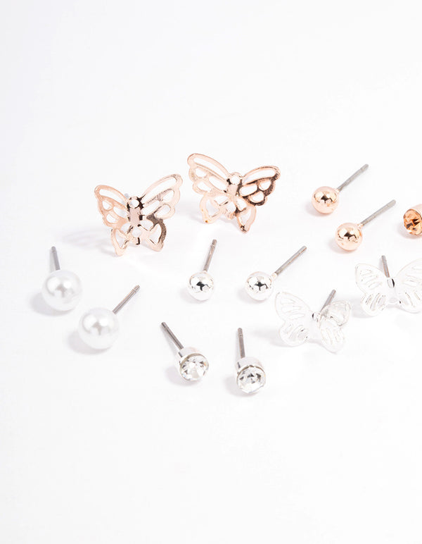Rose Gold Basic Stud & Butterfly Earrings 8-Pack
