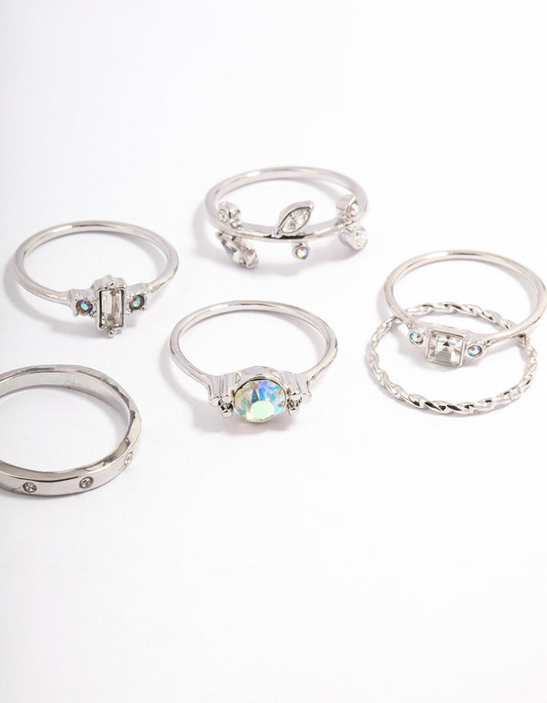 Silver Mixed Stone & Leaf Ring 8-Pack