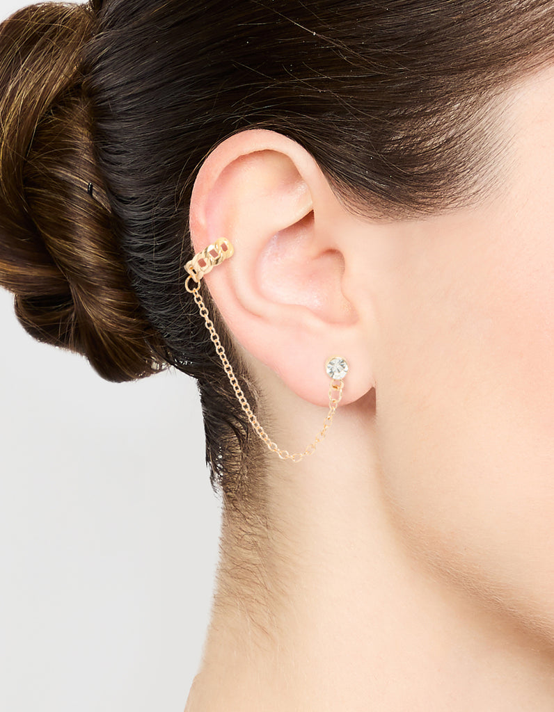 Gold Chainlink Cuff Diamante Chain Earrings Lovisa