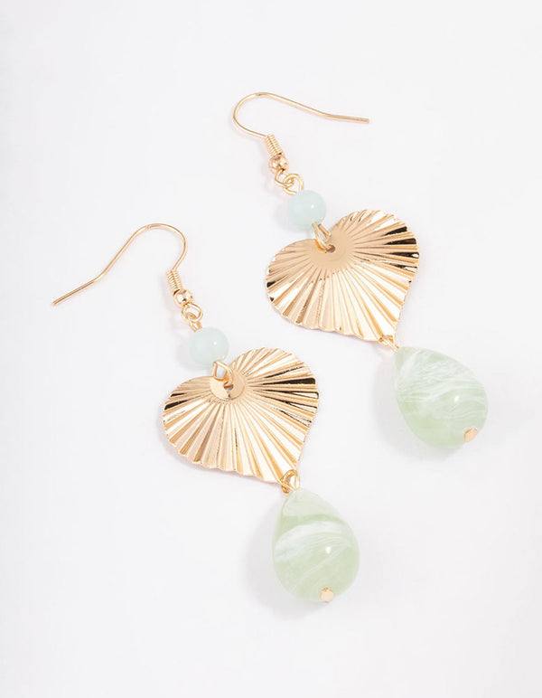 Green Ray Heart & Beaded Drop Earrings