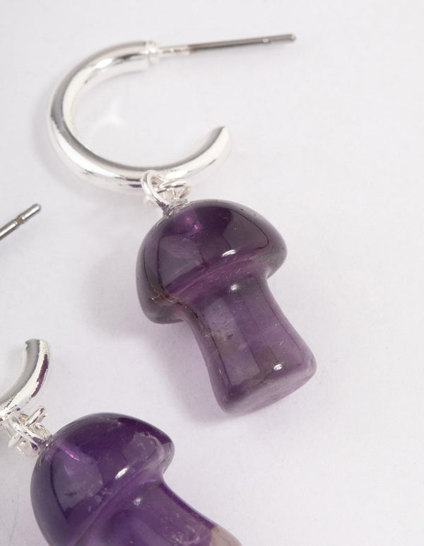 Silver Amethyst Moon & Mushroom Huggie Hoop Earrings