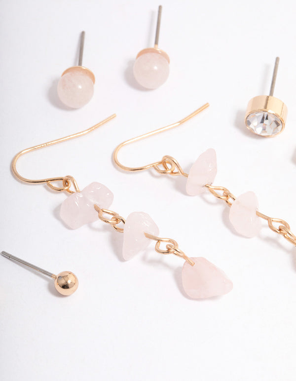 Gold Rose Quartz Diamante Drop Stacker Earrings