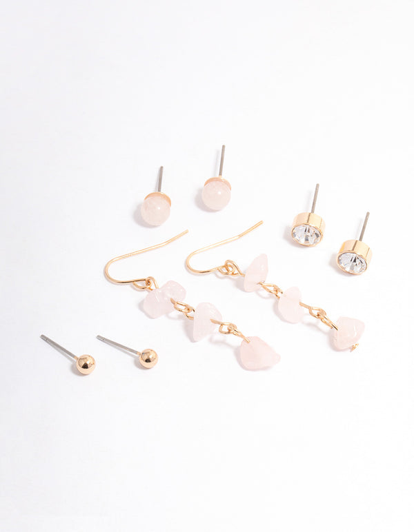 Gold Rose Quartz Diamante Drop Stacker Earrings