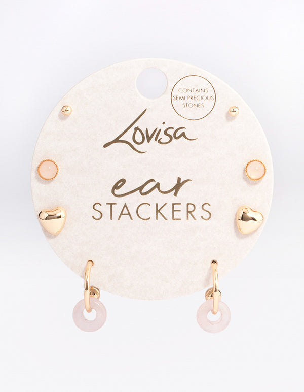 Gold Rose Quartz Donut Stud Stacker Earrings