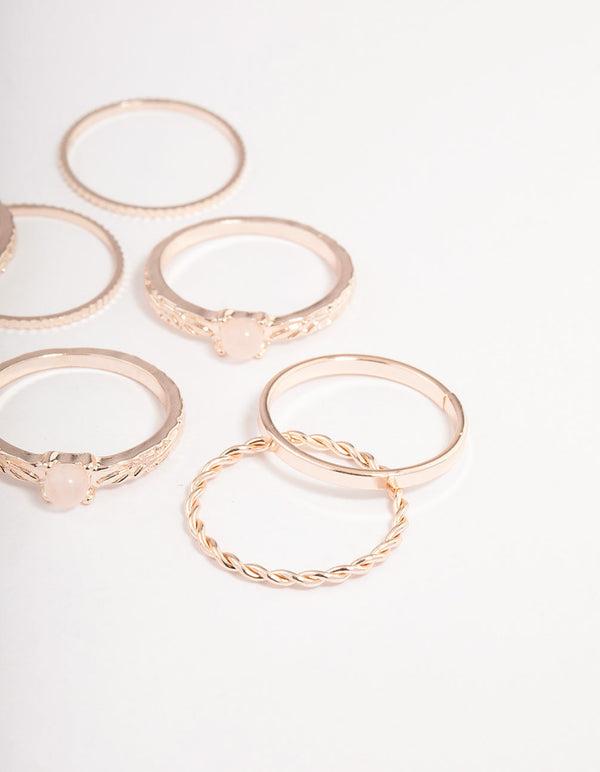 Rose Gold Rose Quartz Textured Ring Stack