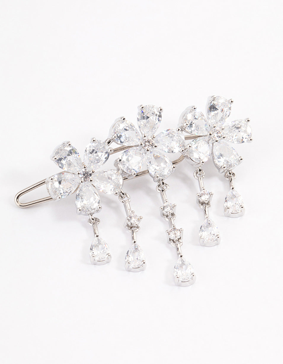 Silver Cubic Zirconia Triple Flower Droplet Hair Clips Pack