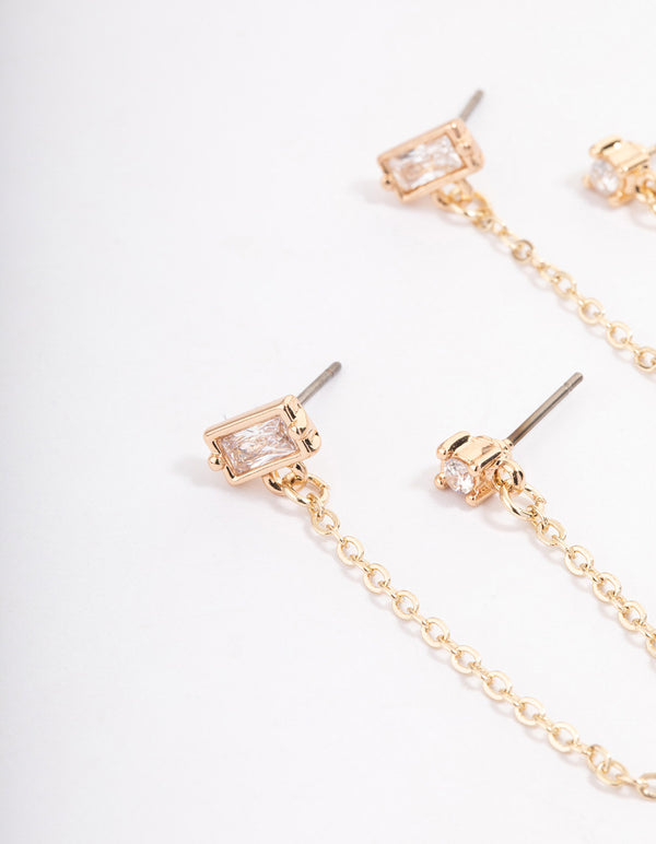 Gold Plated Cubic Zirconia Round & Baguette Chain Earrings
