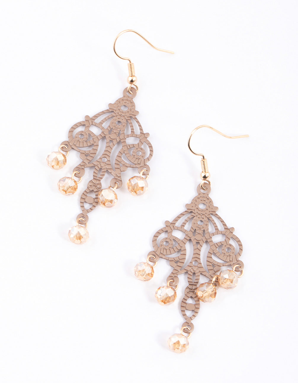 Brown Triple Prong Ornate Drop Earrings