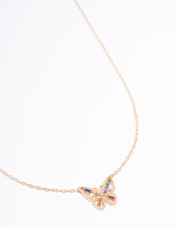 Gold Diamante & Pearl Butterfly Necklace