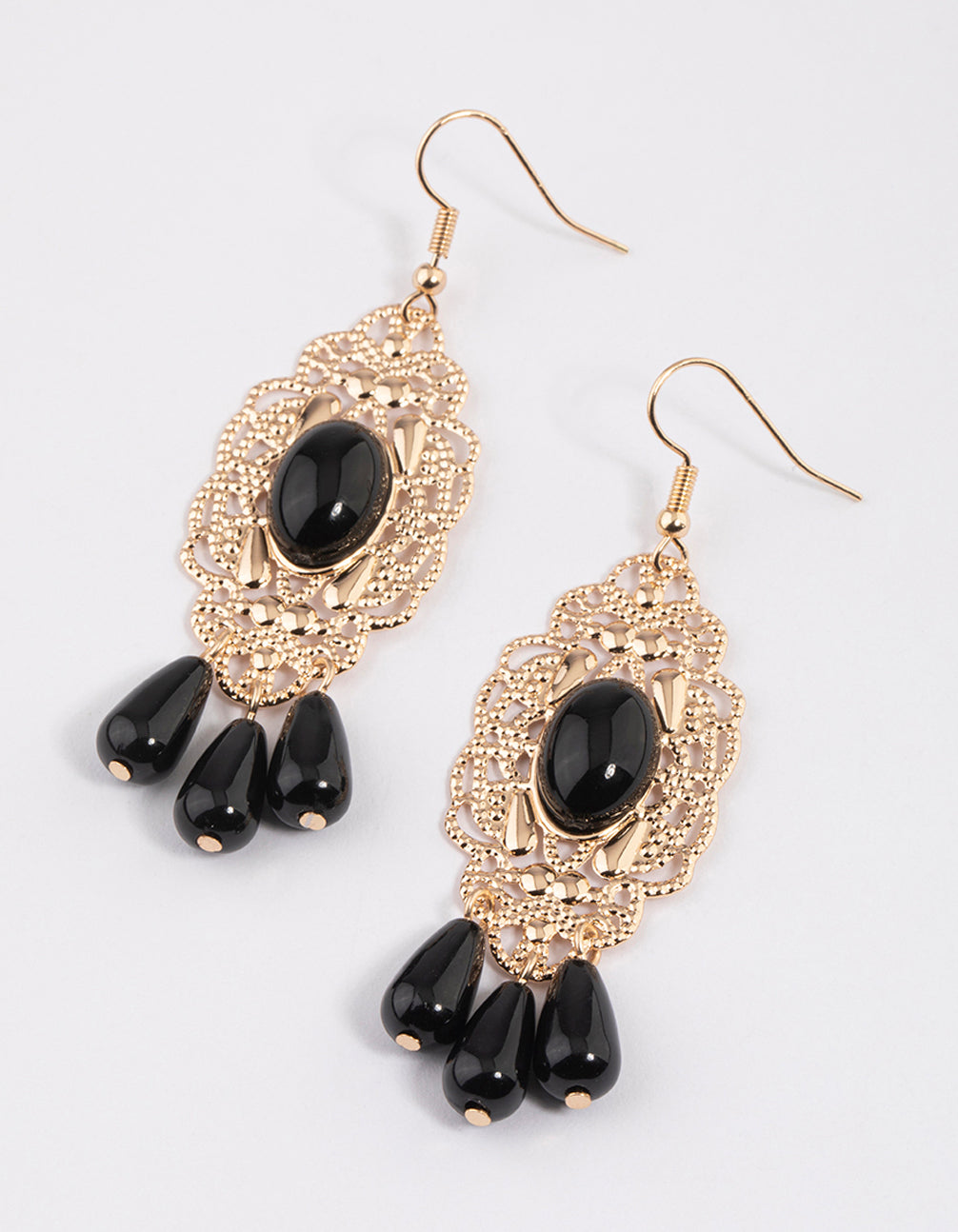 Black Long Tassel Ornate Drop Earrings