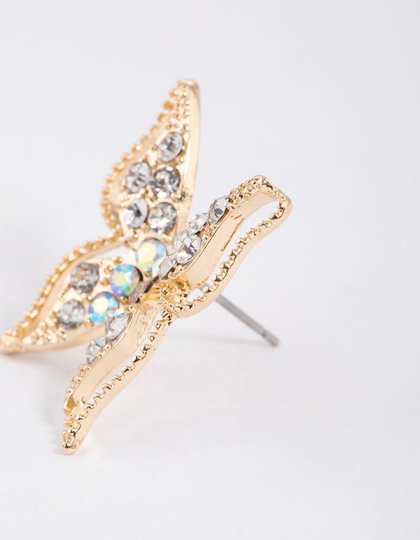 Gold Large Diamante Butterfly Stud Earrings