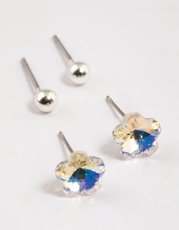 Silver Ball & Flower Earrings Pack