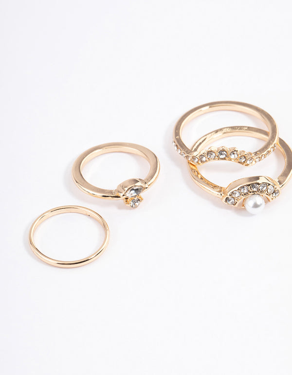 Gold Pearl & Diamante Nestled Ring 6-Pack