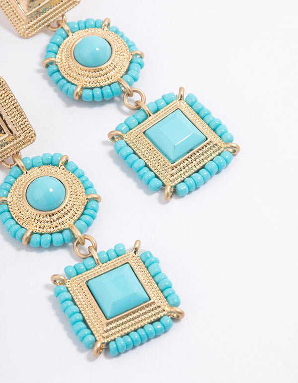 Gold Beaded Square Drop Earrings