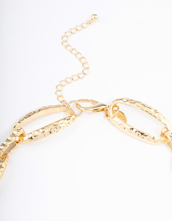 Gold Plated Large Hammered Oval Link Necklace