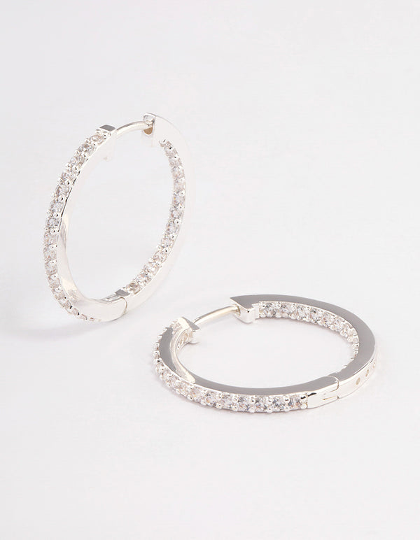 Silver Plated Brass Cubic Zirconia Pave Huggie Hoop Earrings